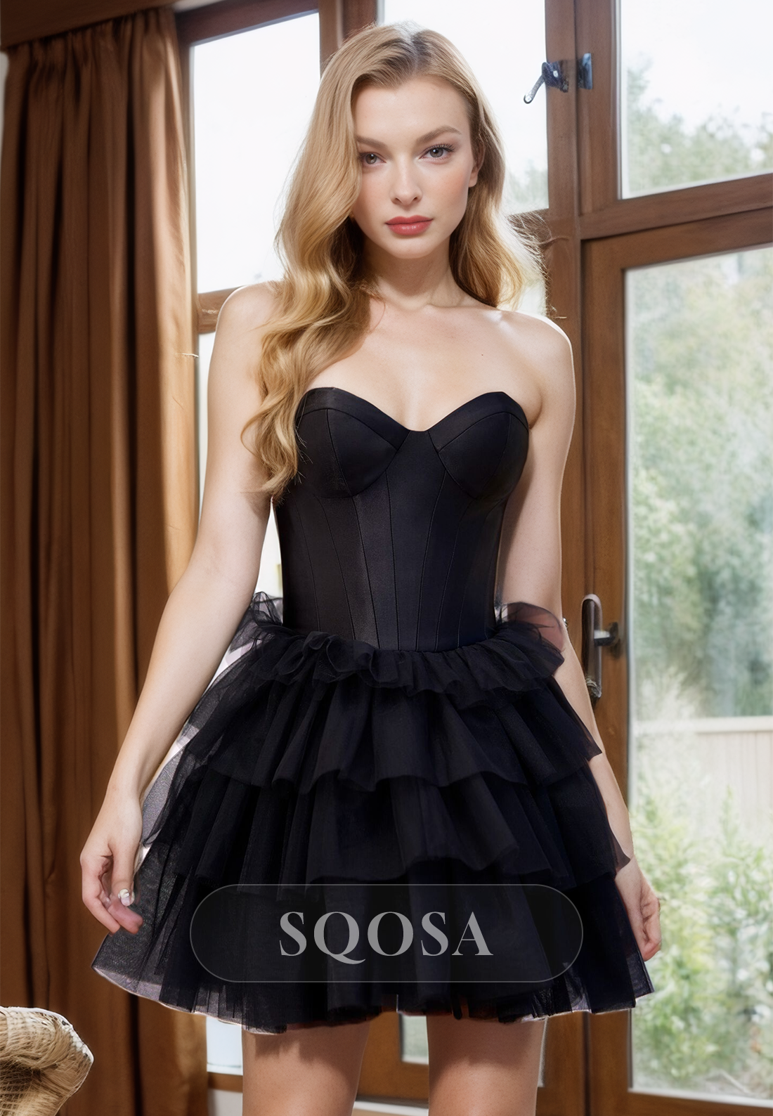 A Line Sweetheart Tulle Tiered Black Homeocming Dress Short Graduation Dress