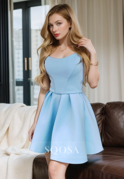 A Line Strapless Satin Blue Simple Homecoming Dress Cute Graduation Dress