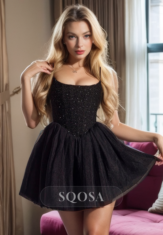 A Line Scoop Black Short Homecoming Dress 2024 Graduation Dress