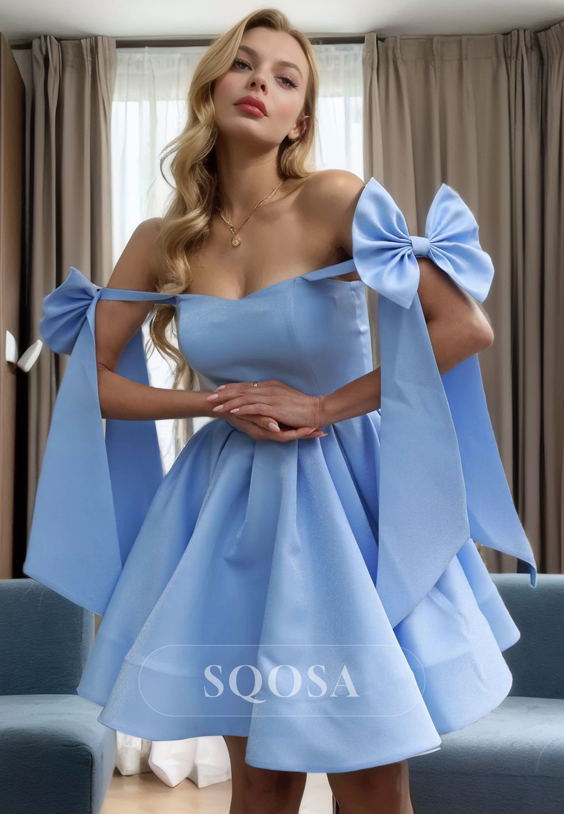 A Line Off Shoulder Sky Blue Satin Homecoming Dress Short Graduation Dress