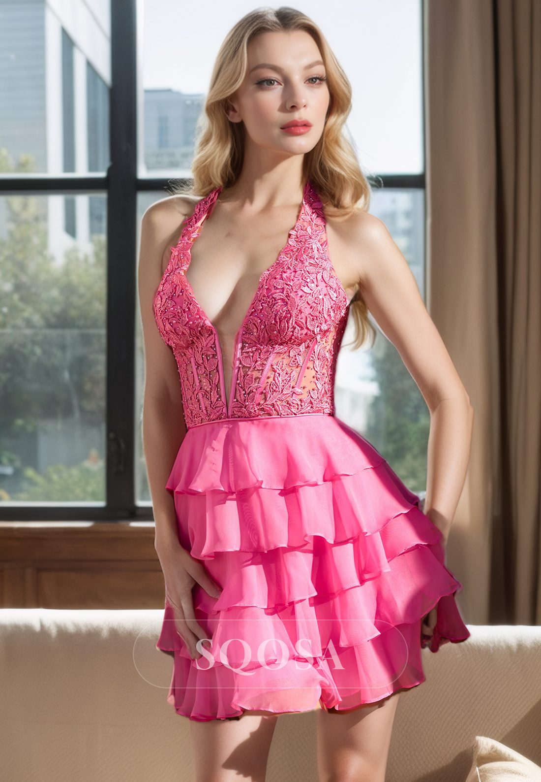 Unique Halter V Neck Lace Appliques Pink Homecoming Dress Short Graduation Dress