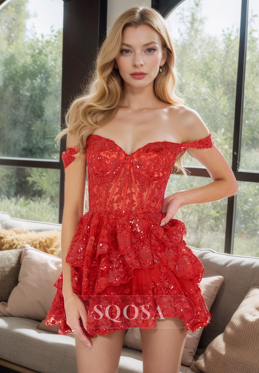 A Line Off Shoulder Sequins Appliques Red Homecoming Dress Short Prom Dress