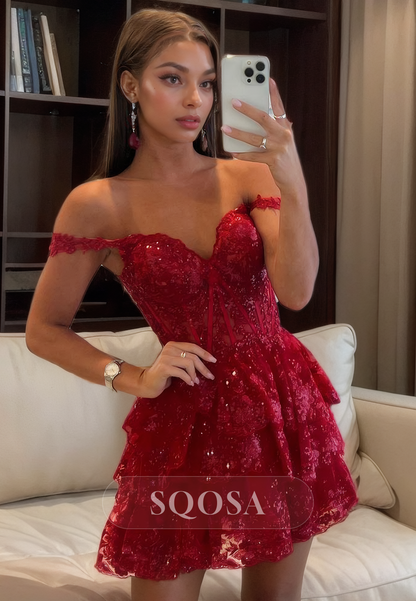 A Line Off Shoulder Sequins Appliques Red Homecoming Dress Short Prom Dress