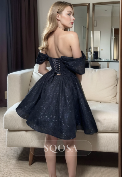 A Line Off Shoulder Black Homecoming Dress with Pockets Short Prom Party Dress