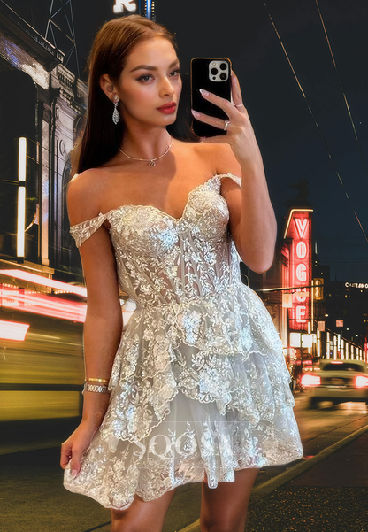 A Line Off Shoulder Lace Appliques Homecoming Dress 2024 Short Graduation Dress