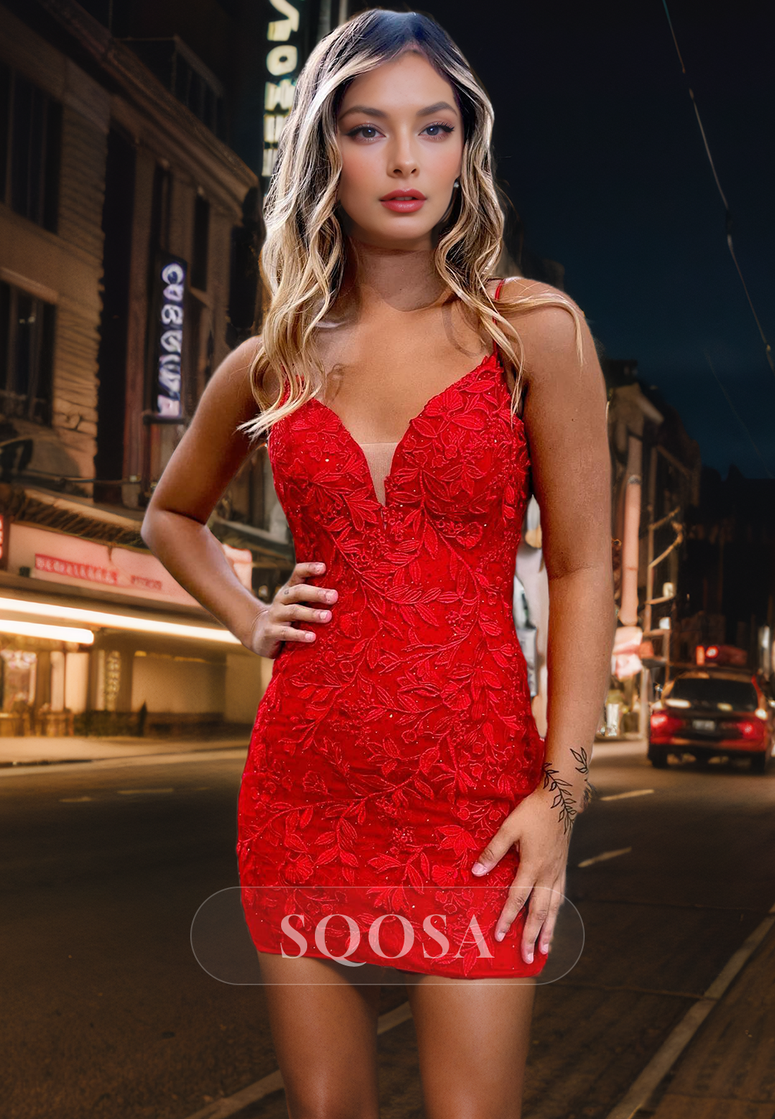 Spaghetti Straps Lace Appliques Red Homecoming Dress Tight Graduation Dress