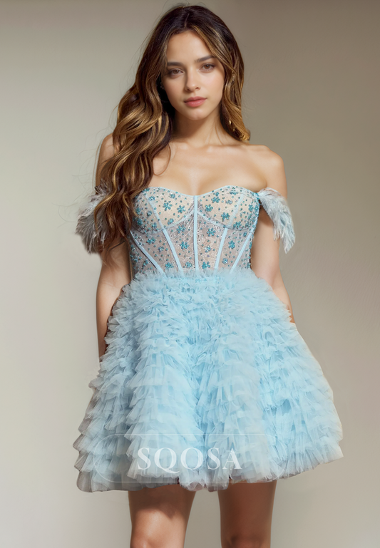 A Line Sweetheart Lace Beads Feathers Cute Homecoming Dress Short Graduation Dress