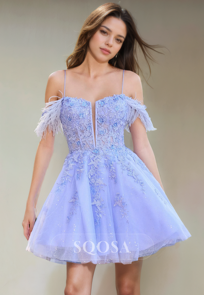 Spaghetti Straps Tulle Appliques Cute Homecoming Dress Short Prom Graduation Dress