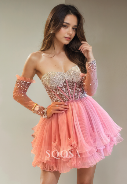 A Line Sweetheart Beads Long Sleeves Pink Cute Homecoming Dress Short Prom Graduation Dress