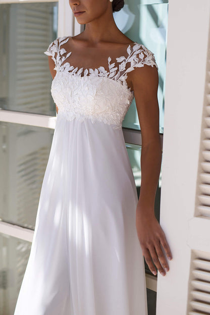 A Line Scoop Cap Sleeves Lace Appliques Beach Wedding Dress QW2623