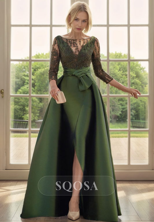 Illusion Neckline Lace Top 3/4 Sleeves Mother of the Bride Dress Green Cocktail Dress