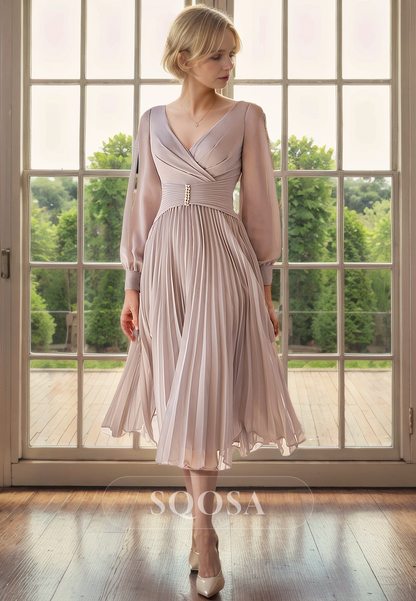 A Line V Neck Chiffon Long Sleeves Elegant Mother of the Bride Dress Cocktail Dress