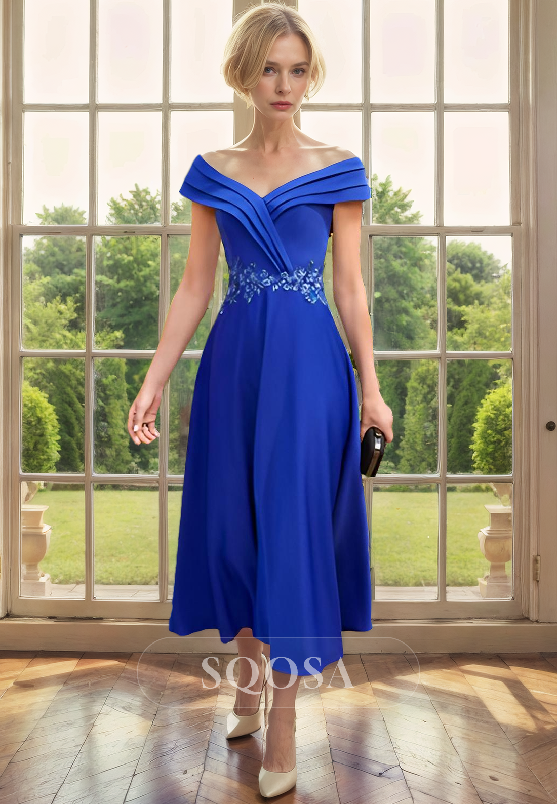 A Line Off Shoulder Pleats Satin Appliques Mother of the Bride Dress Blue Cocktail Dress