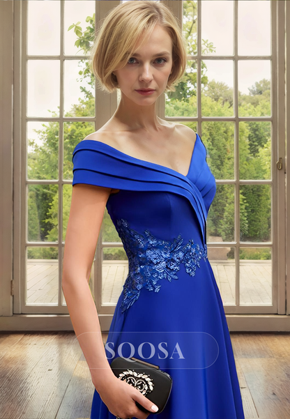 A Line Off Shoulder Pleats Satin Appliques Mother of the Bride Dress Blue Cocktail Dress