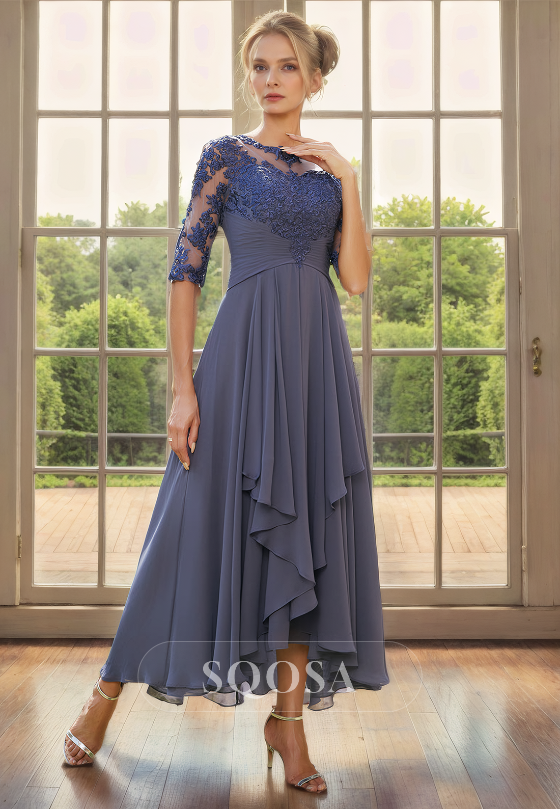 A Line Bateu Chiffon Lace Appliques Elegant Mother of the Bride Dress