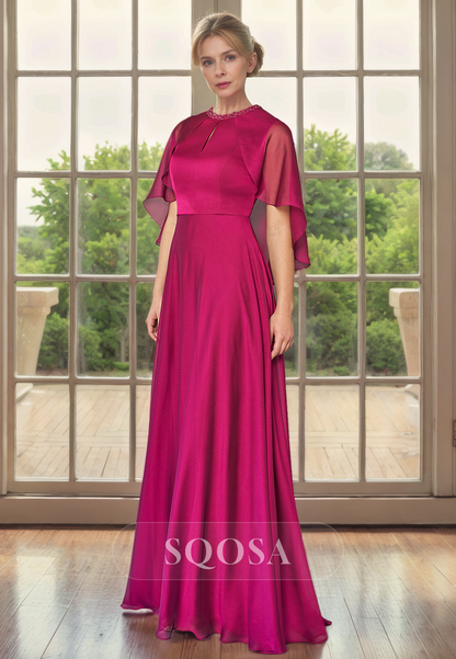 A Line Bateau Beads Elegant Long Mother of the Bride Dress for Wedding