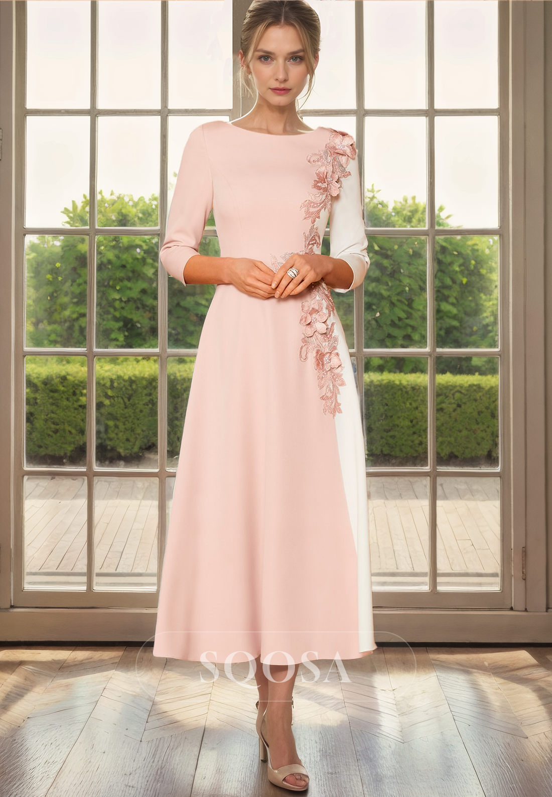 A Line Bateau 3D Flowers 3/4 Sleeves Mother of the Bride Dress for Wedding