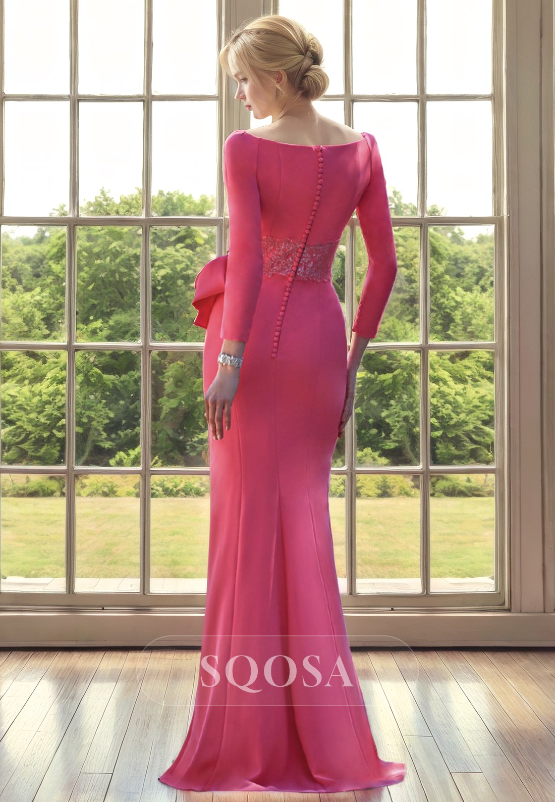 Sheath Scoop 3/4 Sleeves Long Mother of the Bride Dress for Wedding Cocktail Dress