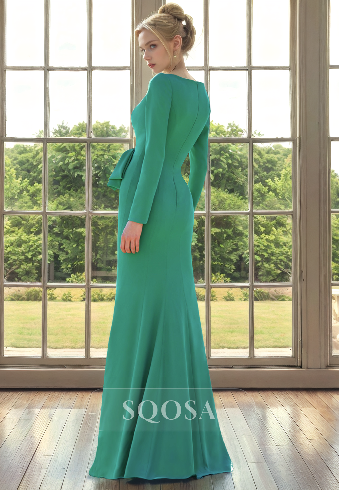 Sheath Bateau Long Sleeves Mother of the Bride Dress Long Green Cocktail Dress for Wedding