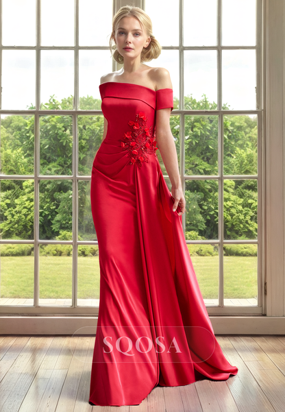 Sheath Off Shoulder Satin Appliques Red Mother of the Bride Dress Long Cocktail Dress