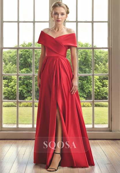 A Line Off Shoulder Satin Simple Mother of the Bride Dress Long Cocktail Dress