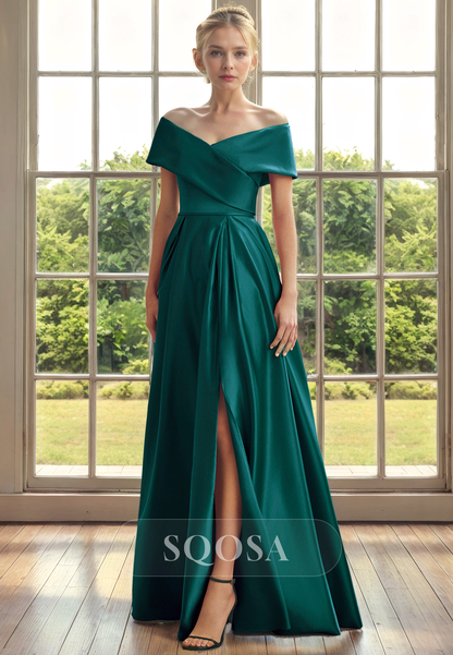 A Line Off Shoulder Satin Simple Mother of the Bride Dress Long Cocktail Dress