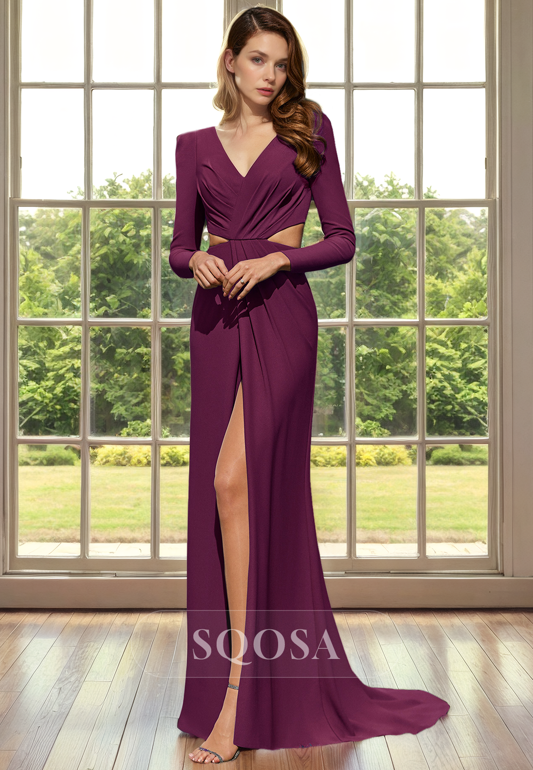 Sheath V Neck Pleats Long Sleeves Elegant Mother of the Bride Dress Long Cocktail Dress