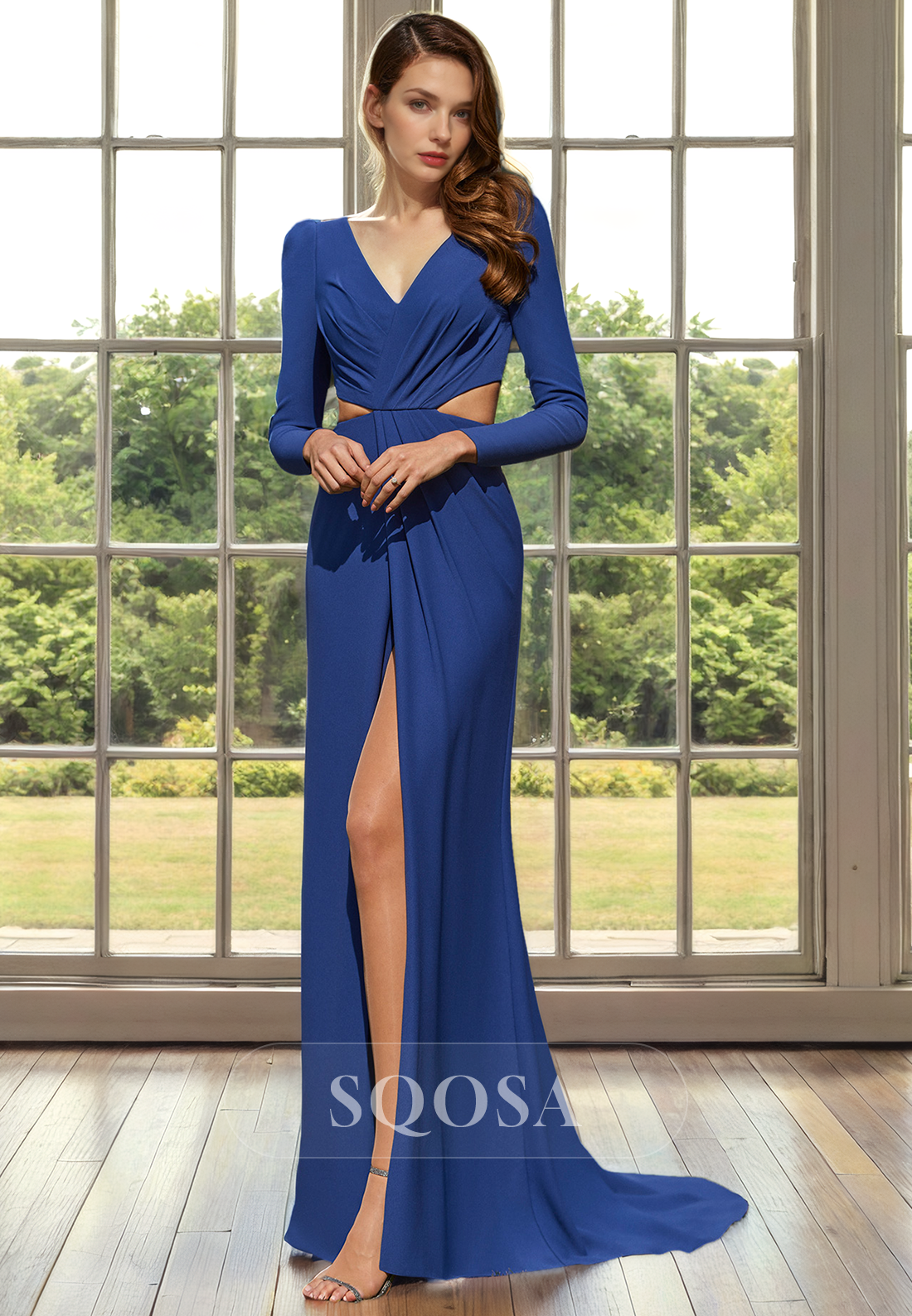 Sheath V Neck Pleats Long Sleeves Elegant Mother of the Bride Dress Long Cocktail Dress