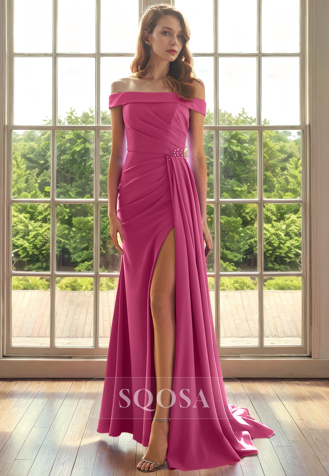 Sheath Off Shoulder Pleats Elegant Mother of the Bride Dress for Wedding Long Cocktail Dress