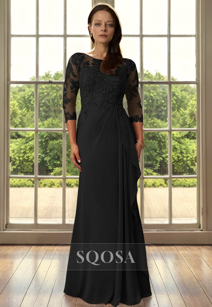 Sheath Bateau Chiffon Appliques 3/4 Sleeves Black Mother of the Bride Dress