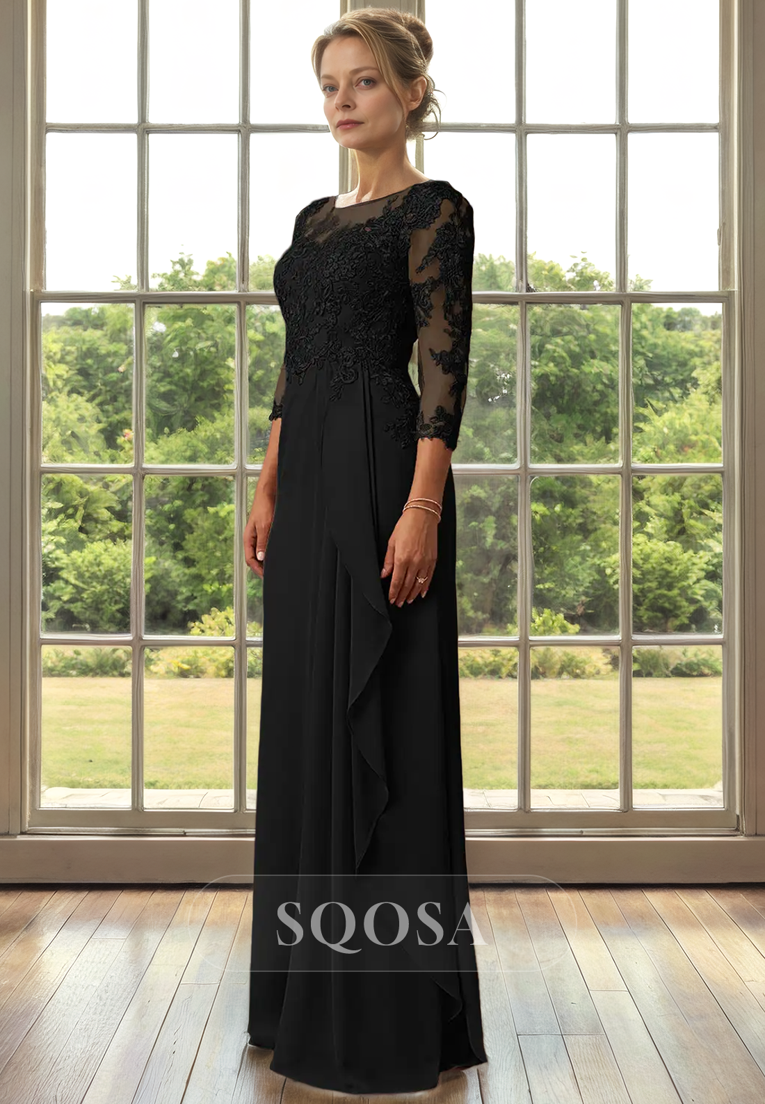 Sheath Bateau Chiffon Appliques 3/4 Sleeves Black Mother of the Bride Dress