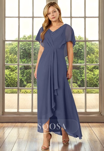 A Line V Neck Short Sleeves Chiffon Beads Long Mother of the Bride Dress for Wedding