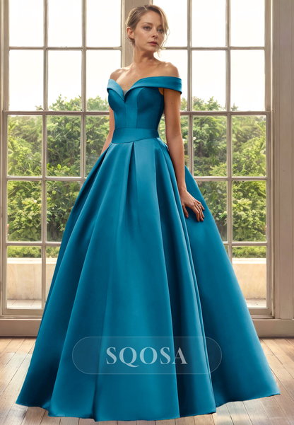 A Line Off Shoulder Satin Pleats Long Cocktail Dress for Wedding Elegant Mother of the Bride Dress