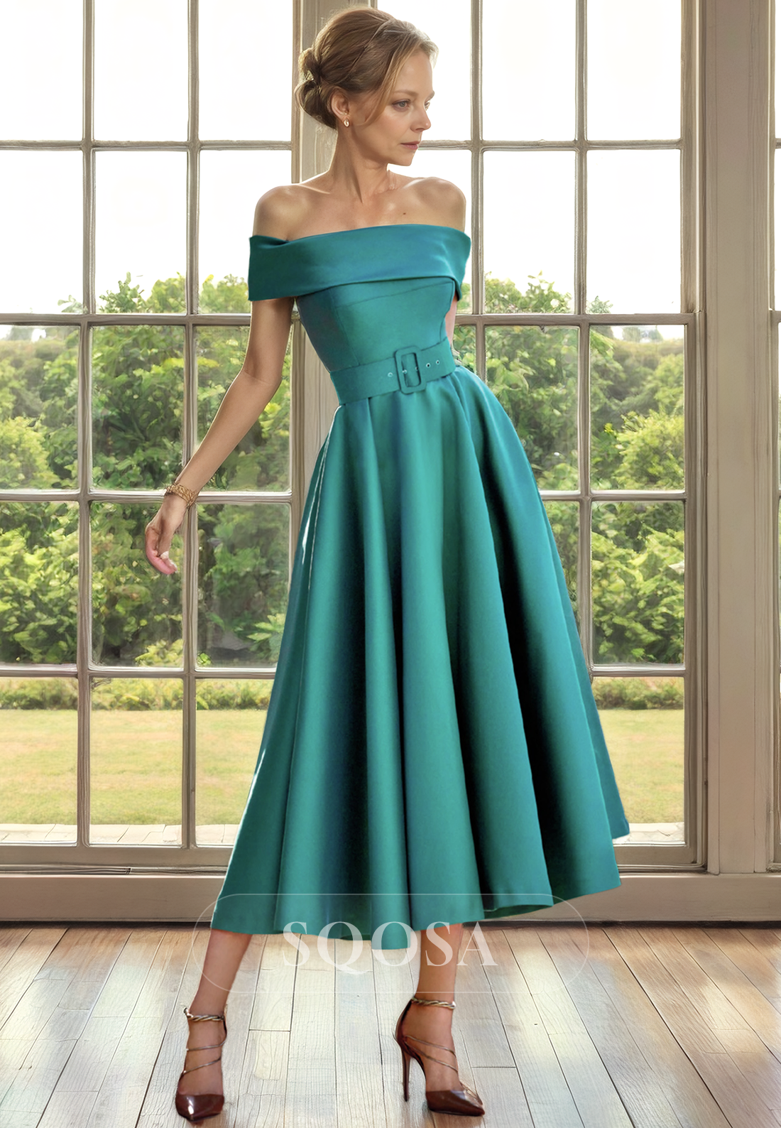 A Line Off Shoulder Satin Mother of the Bride Dress with Pockets Cocktail Dress