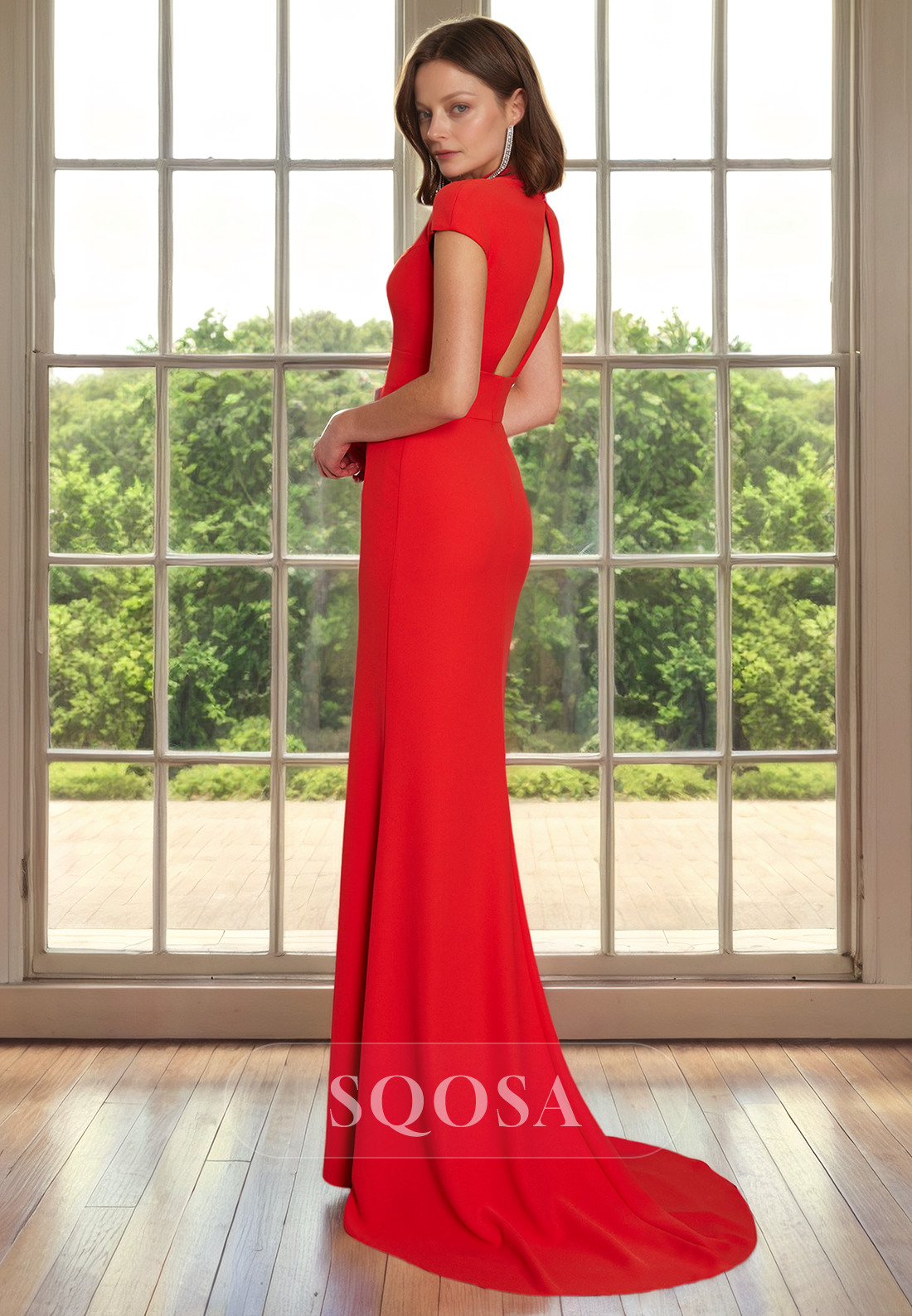 Sheath V Neck Short Sleeves Red Mother of the Bride Dress with Slit Long Cocktail Dress