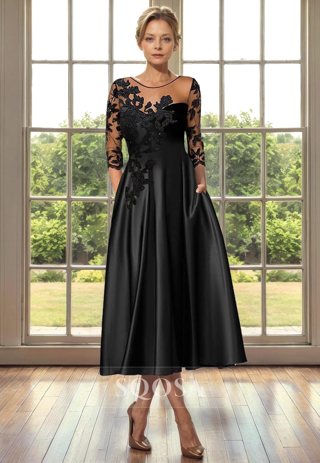 A line Illusion Neckline 3/4 Sleeves Lace Apliques Mothe of the Bride Dress with Pockets