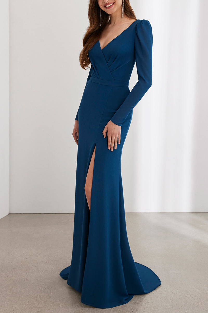 Simple V-Neck Long Sleeves With Side Slit Cocktail Dress QM3376