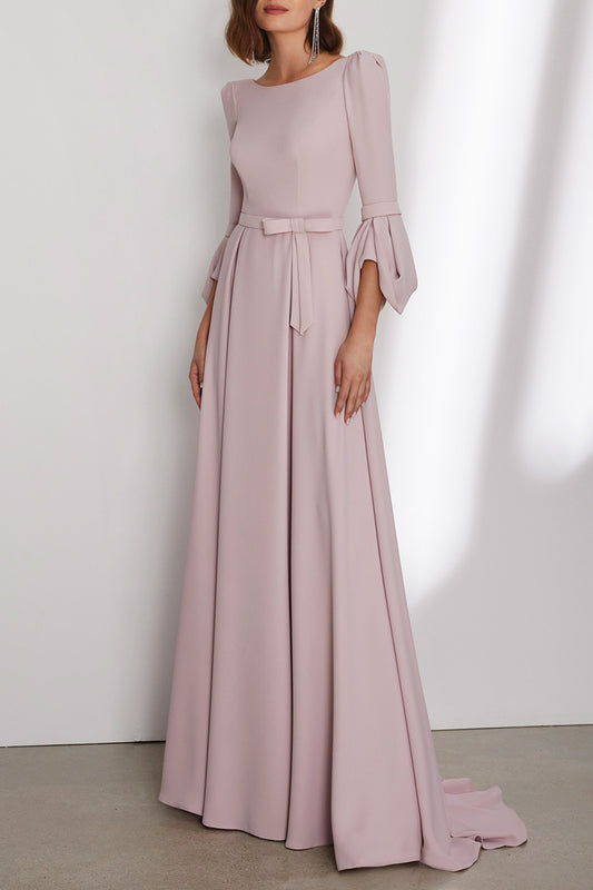 Chiffon A-Line Scoop 3/4 Sleeves Belt With Train Cocktail Dress QM3381