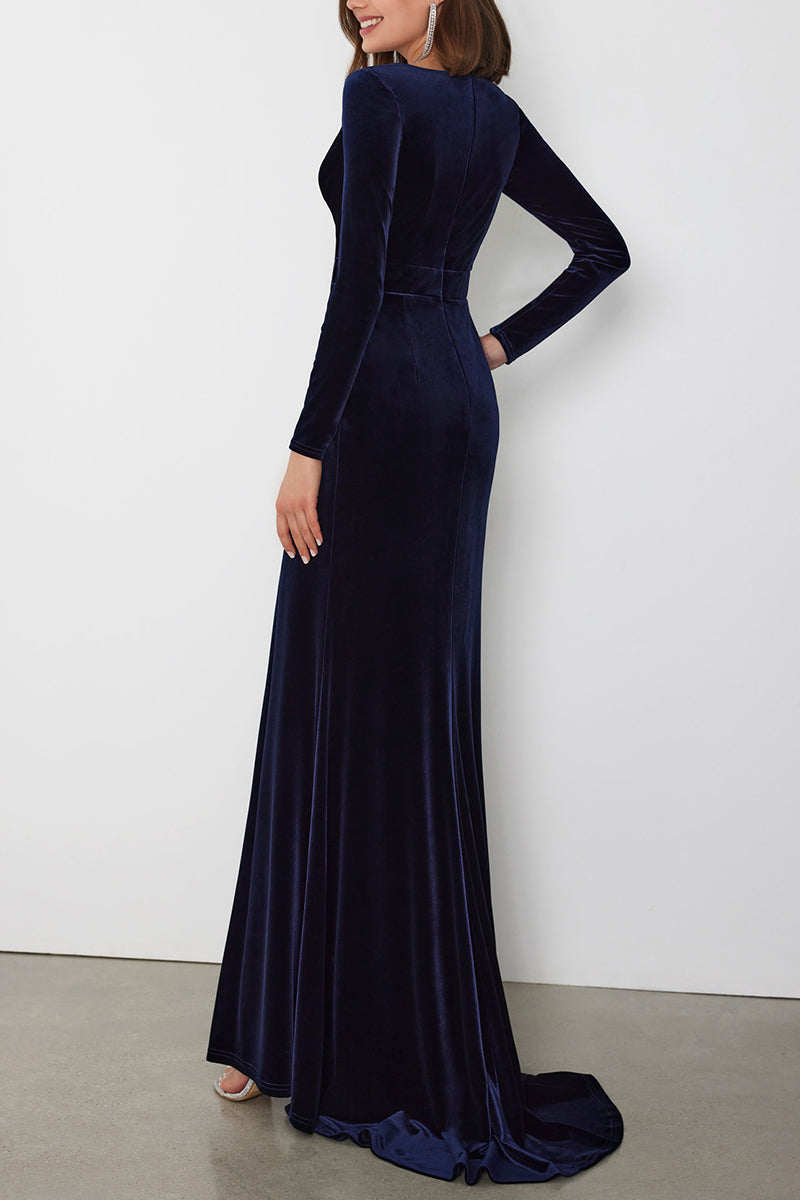 Classic & Timeless V-Neck Long Sleeve Pleats With Side Slit Formal Cocktail Dress QM3385