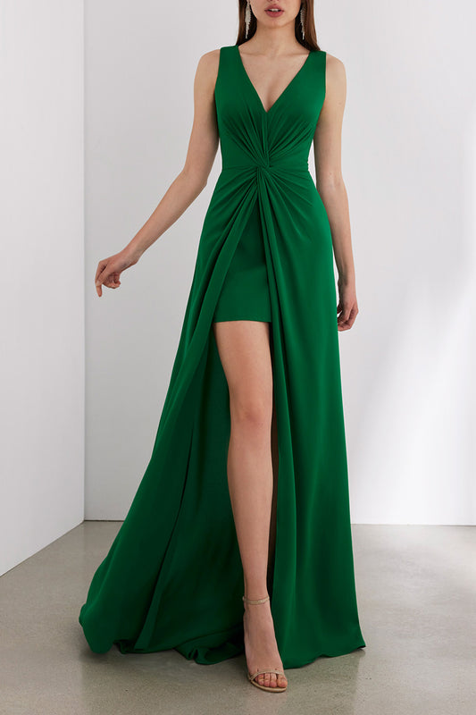 Simple & Casual A-Line V-Neck Sleeveless With Side Slit Mother of the Bride Dress QM3386