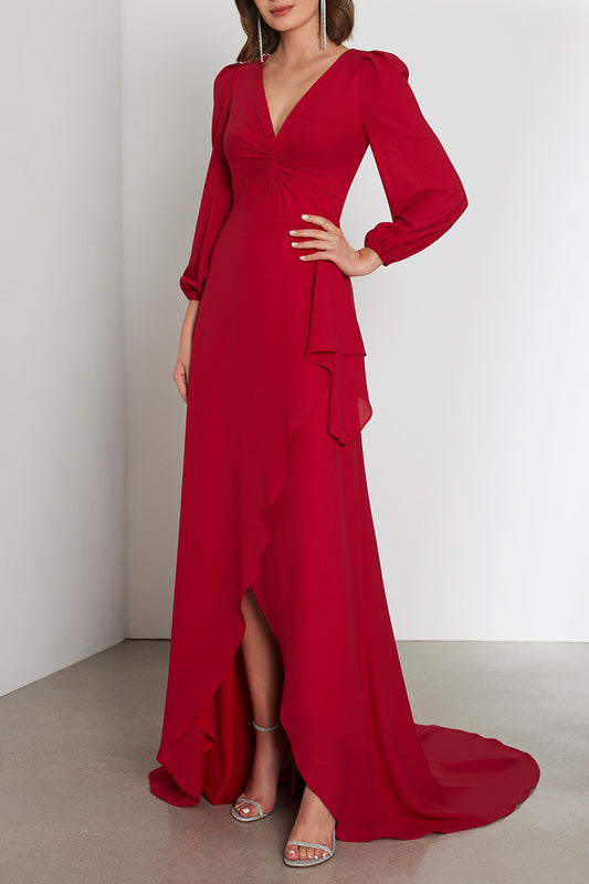 Elegant & Luxurious V-Neck Long Sleeve Ruffled With Train Cocktail Evening Dress QM3349