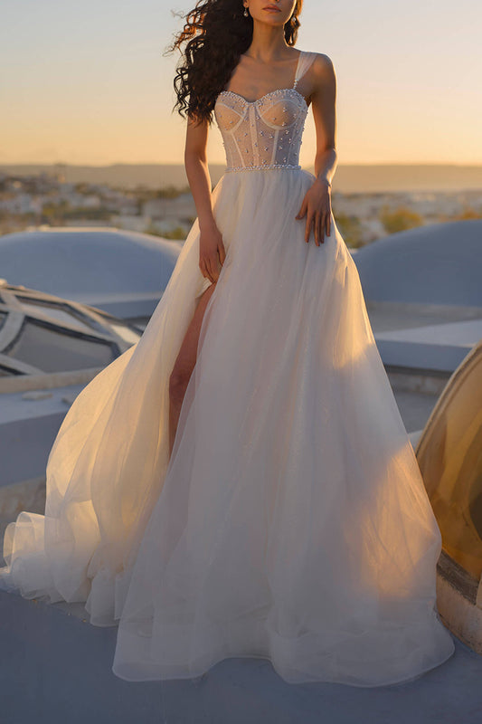 A Line Sweetheart Pearls Princess Wedding Dress QW2636