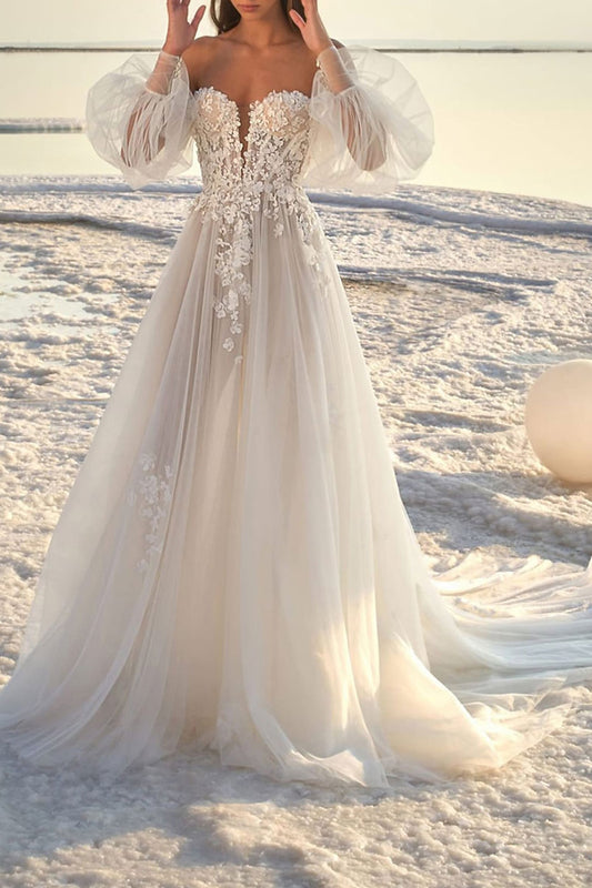 Beach Formal Wedding Dresses Court Train A-Line Lace Appliques Long Sleeves Summer Bridal Gown QW2377