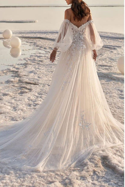 Beach Formal Wedding Dresses Court Train A-Line Lace Appliques Long Sleeves Summer Bridal Gown QW2377