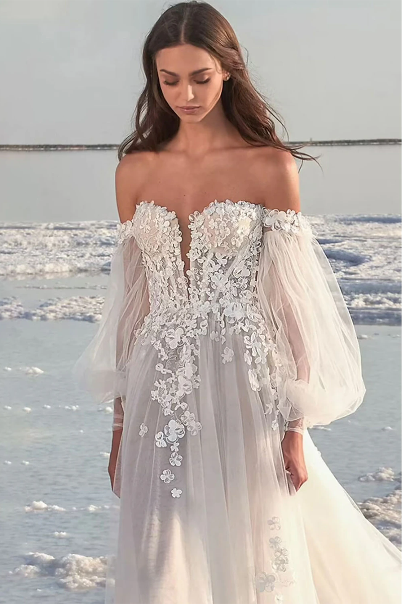 Beach Formal Wedding Dresses Court Train A-Line Lace Appliques Long Sleeves Summer Bridal Gown QW2377