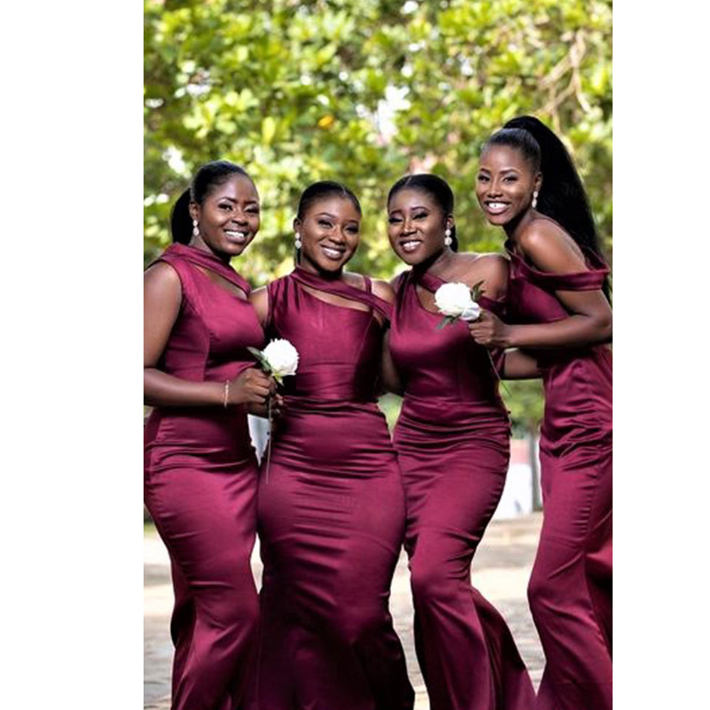 One Shoulder Satin Pleats Burgundy Mermaid Bridesmaid Dress QB3103