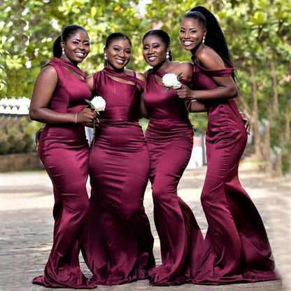 One Shoulder Satin Pleats Burgundy Mermaid Bridesmaid Dress QB3103