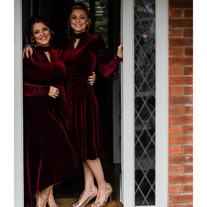 Burgundy Velvet Long Sleeves Tea Length A Line Bridesmaid Dress QB3088