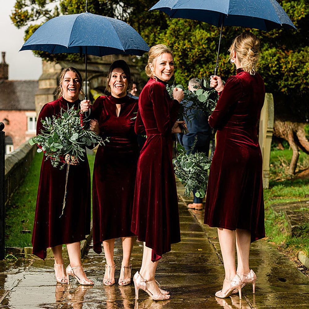 Burgundy Velvet Long Sleeves Tea Length A Line Bridesmaid Dress QB3088