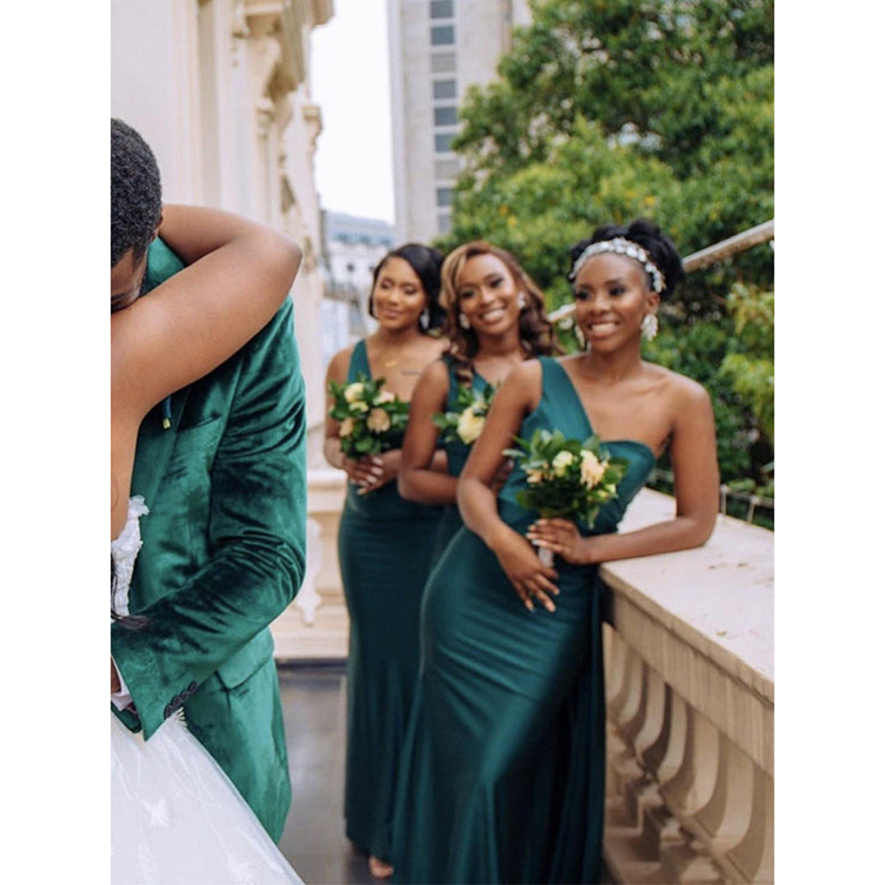 One Shoulder Satin Pleated Green Mermaid Bridesmaid Dress QB3107